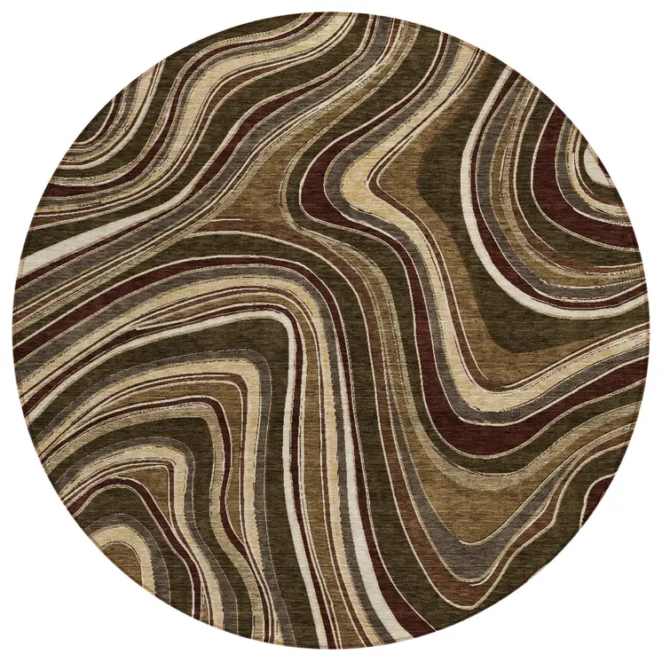 8' Brown And Ivory Round Abstract Washable Indoor Outdoor Area Rug