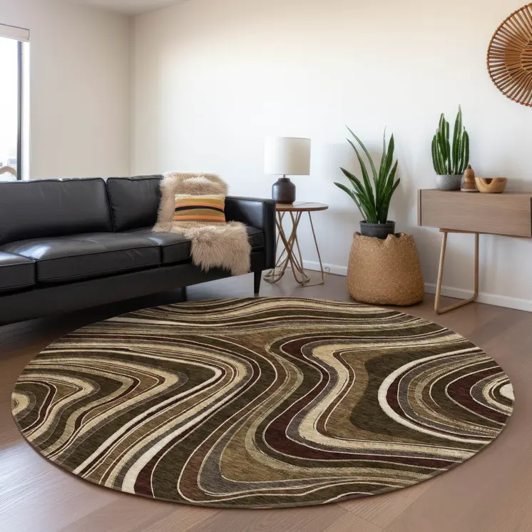 8' Brown And Ivory Round Abstract Washable Indoor Outdoor Area Rug