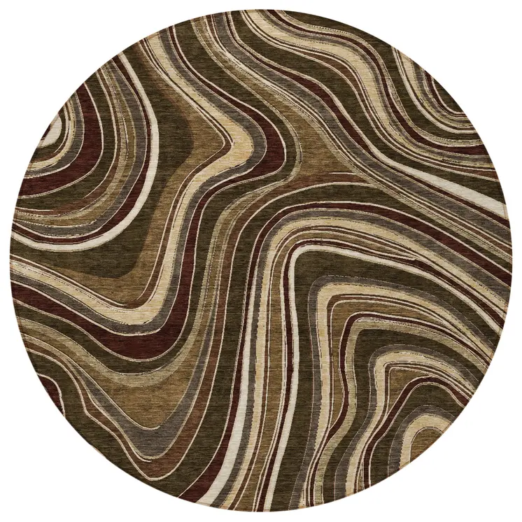 8' Brown And Ivory Round Abstract Washable Indoor Outdoor Area Rug