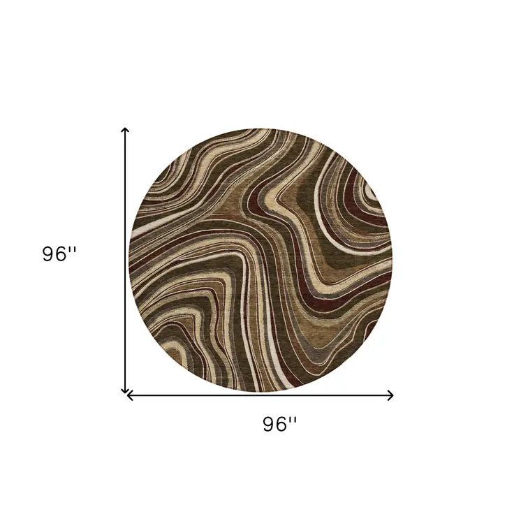 8' Brown And Ivory Round Abstract Washable Indoor Outdoor Area Rug