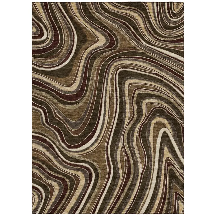 9' X 12' Brown And Ivory Abstract Washable Indoor Outdoor Area Rug
