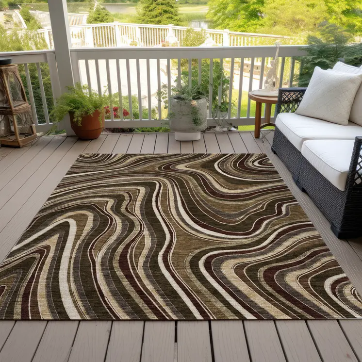 10' X 14' Brown And Ivory Abstract Washable Indoor Outdoor Area Rug