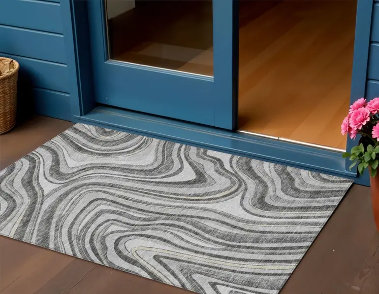 3' X 5' Gray Charcoal And Ivory Abstract Washable Indoor Outdoor Area Rug