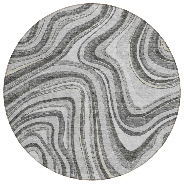 8' Gray Charcoal And Ivory Round Abstract Washable Indoor Outdoor Area Rug