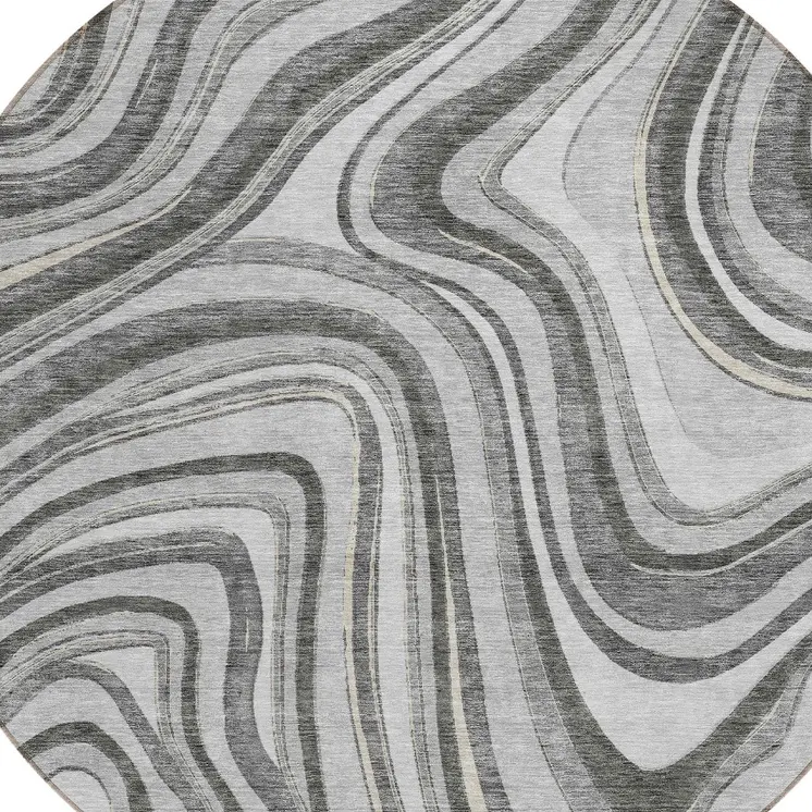 8' Gray Charcoal And Ivory Round Abstract Washable Indoor Outdoor Area Rug
