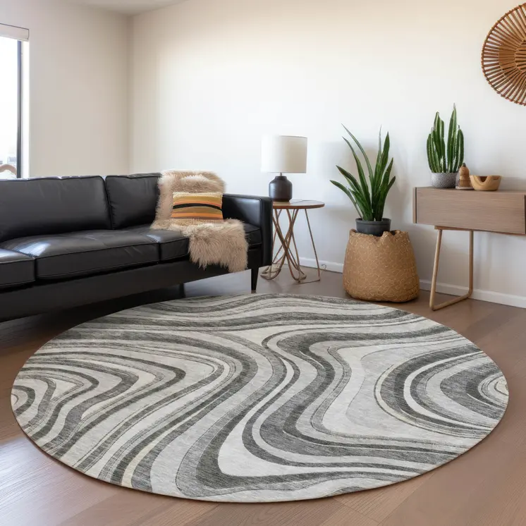 8' Gray Charcoal And Ivory Round Abstract Washable Indoor Outdoor Area Rug
