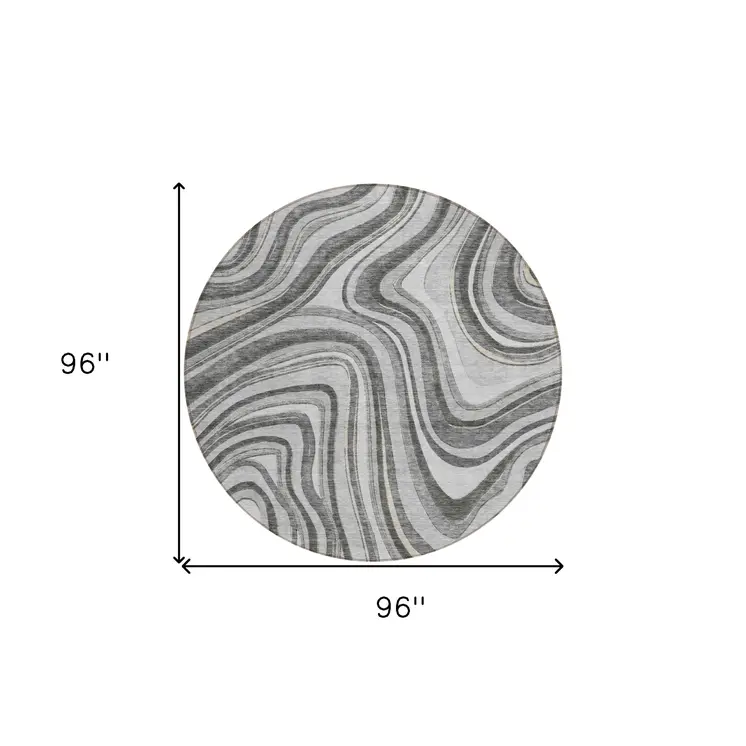 8' Gray Charcoal And Ivory Round Abstract Washable Indoor Outdoor Area Rug
