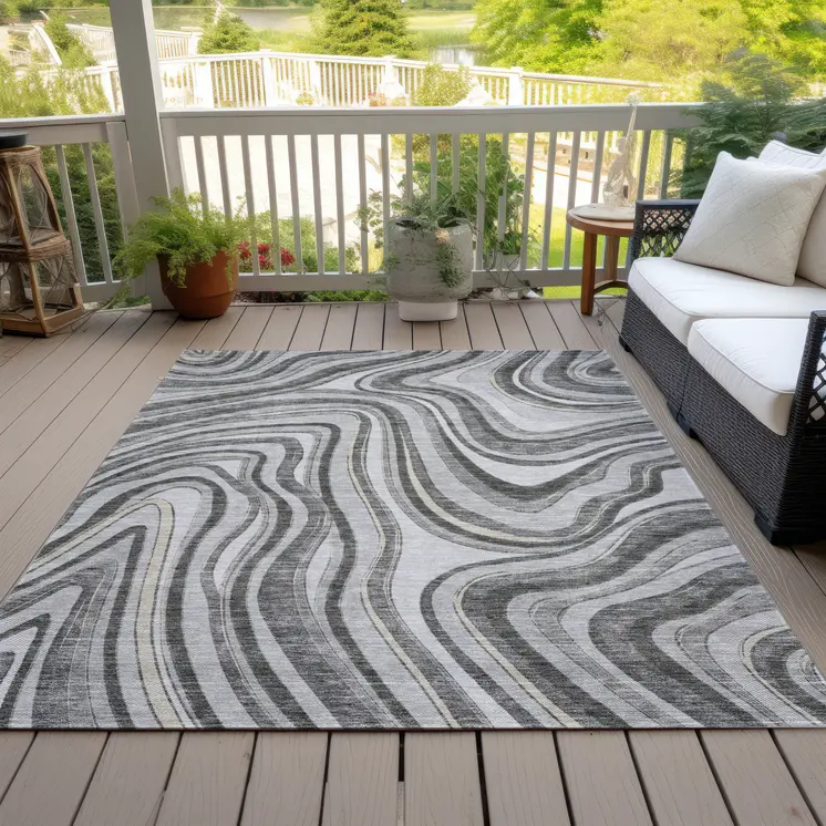 9' X 12' Gray Charcoal And Ivory Abstract Washable Indoor Outdoor Area Rug