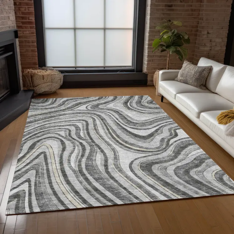 9' X 12' Gray Charcoal And Ivory Abstract Washable Indoor Outdoor Area Rug