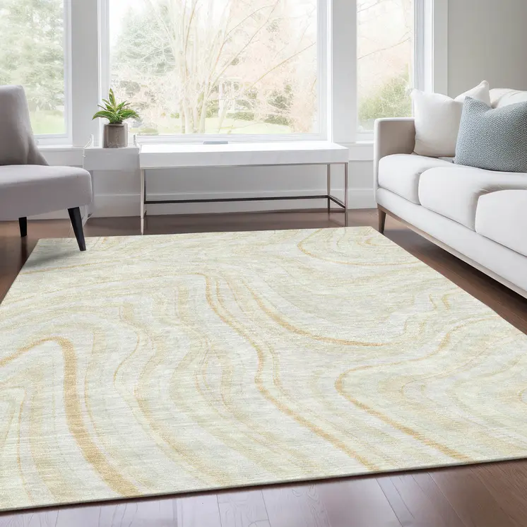 5' X 8' Ivory Beige And Tan Abstract Washable Indoor Outdoor Area Rug