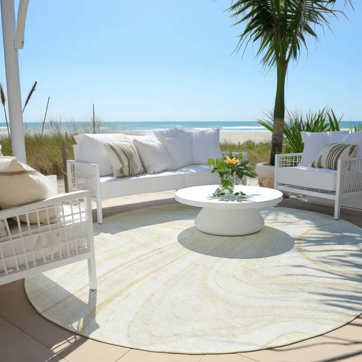 8' Ivory Beige And Tan Round Abstract Washable Indoor Outdoor Area Rug