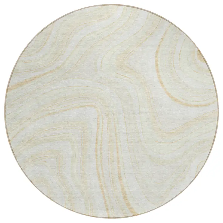 8' Ivory Beige And Tan Round Abstract Washable Indoor Outdoor Area Rug