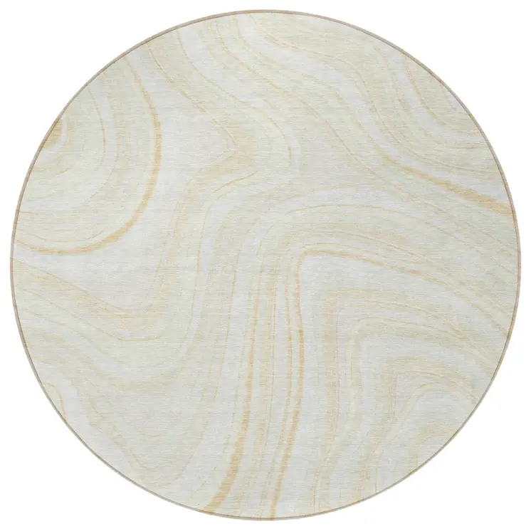 8' Ivory Beige And Tan Round Abstract Washable Indoor Outdoor Area Rug