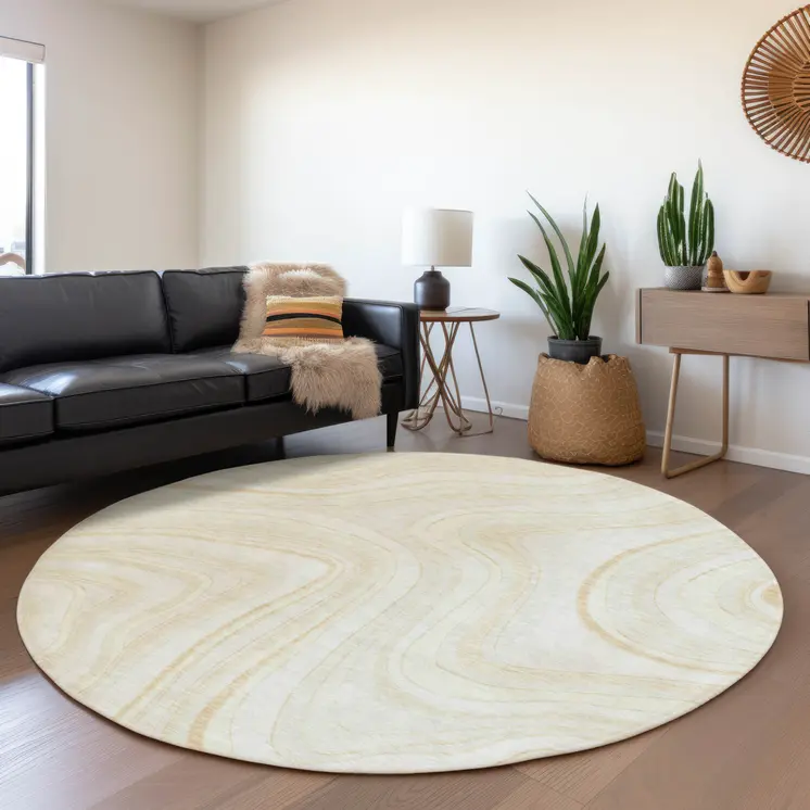 8' Ivory Beige And Tan Round Abstract Washable Indoor Outdoor Area Rug