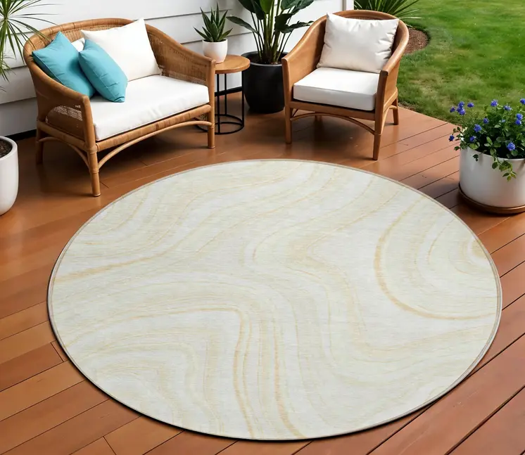 8' Ivory Beige And Tan Round Abstract Washable Indoor Outdoor Area Rug