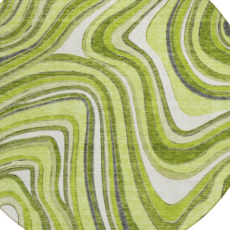8' Lime Green And Charcoal Round Abstract Washable Indoor Outdoor Area Rug