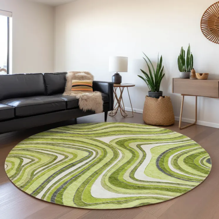 8' Lime Green And Charcoal Round Abstract Washable Indoor Outdoor Area Rug