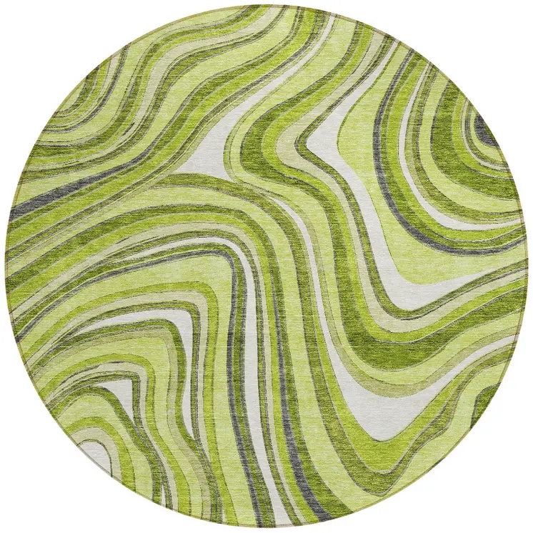 8' Lime Green And Charcoal Round Abstract Washable Indoor Outdoor Area Rug
