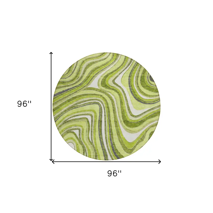 8' Lime Green And Charcoal Round Abstract Washable Indoor Outdoor Area Rug
