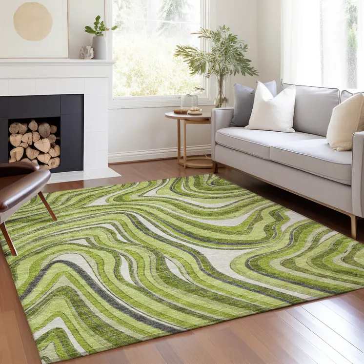 8' X 10' Lime Green And Charcoal Abstract Washable Indoor Outdoor Area Rug