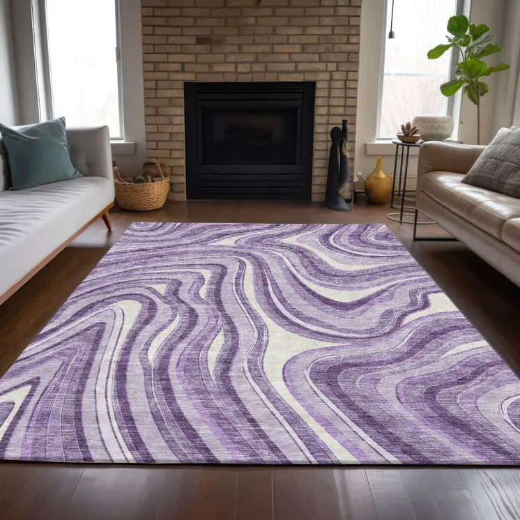 3' X 5' Lavender Purple And Ivory Abstract Washable Indoor Outdoor Area Rug