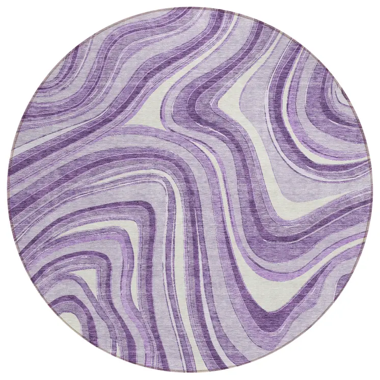 8' Lavender Purple And Ivory Round Abstract Washable Indoor Outdoor Area Rug