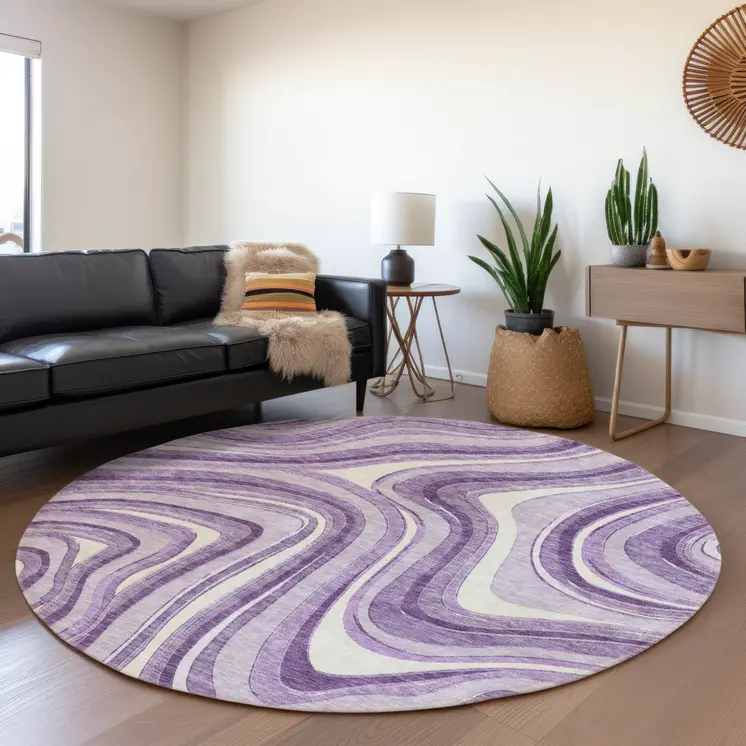 8' Lavender Purple And Ivory Round Abstract Washable Indoor Outdoor Area Rug