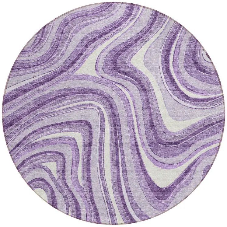 8' Lavender Purple And Ivory Round Abstract Washable Indoor Outdoor Area Rug