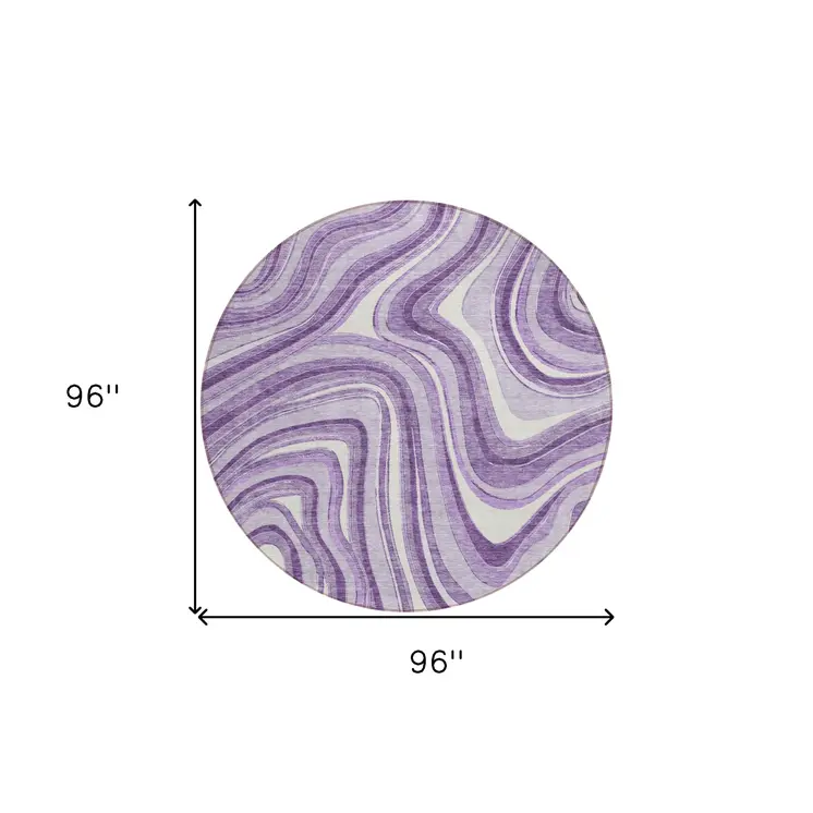 8' Lavender Purple And Ivory Round Abstract Washable Indoor Outdoor Area Rug