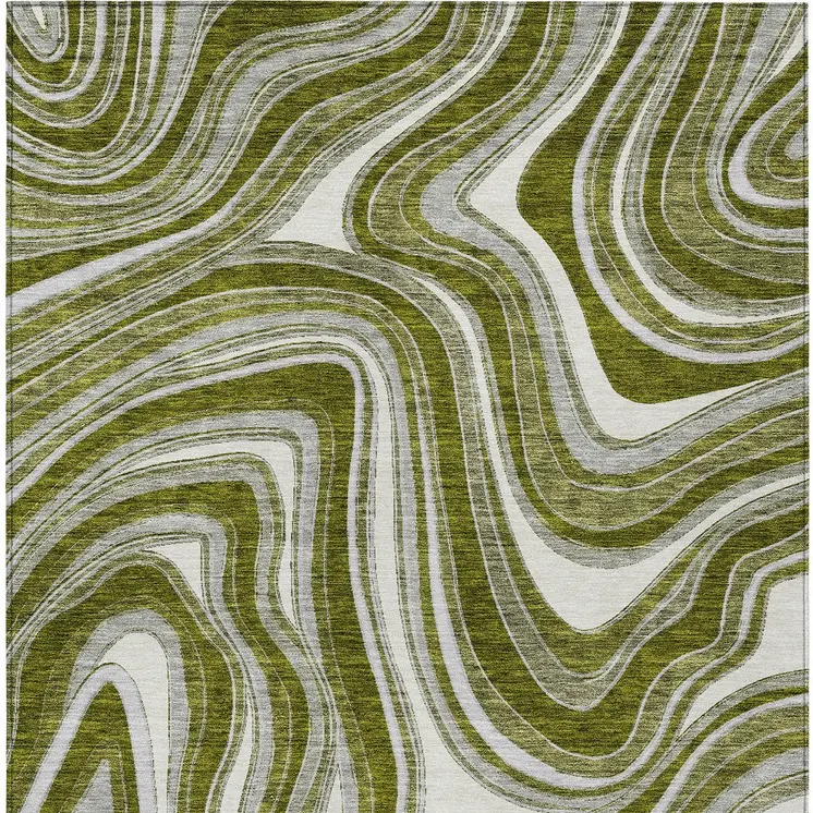 5' X 8' Olive Green Gray And Ivory Abstract Washable Indoor Outdoor Area Rug