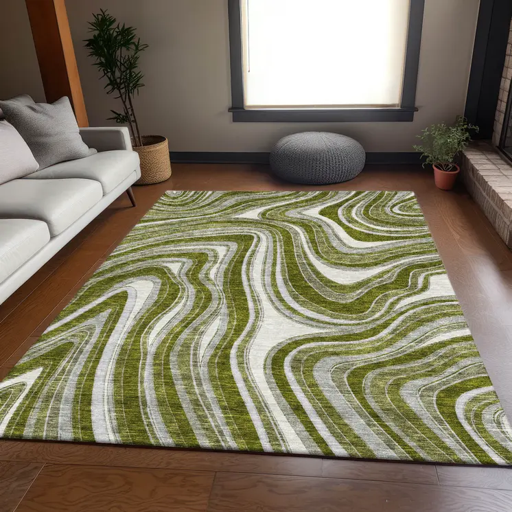 5' X 8' Olive Green Gray And Ivory Abstract Washable Indoor Outdoor Area Rug