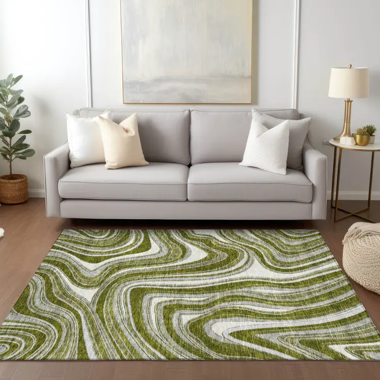 5' X 8' Olive Green Gray And Ivory Abstract Washable Indoor Outdoor Area Rug