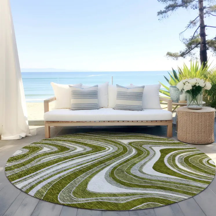8' Olive Green Gray And Ivory Round Abstract Washable Indoor Outdoor Area Rug