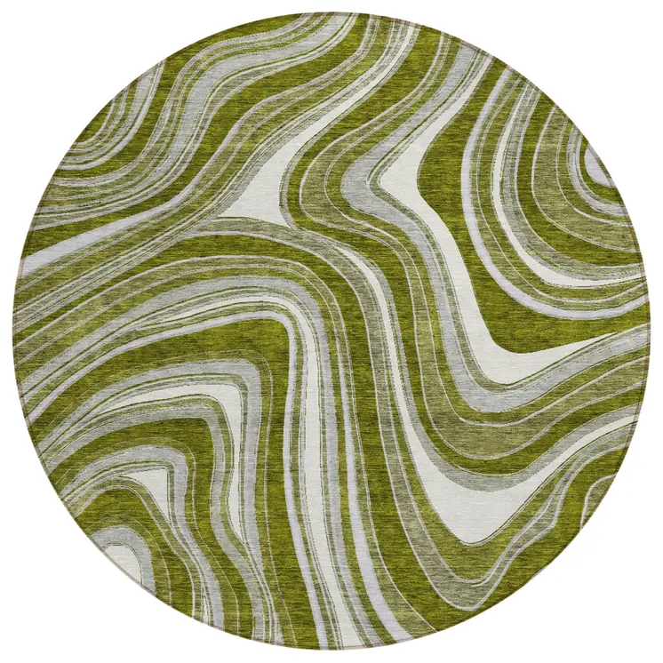 8' Olive Green Gray And Ivory Round Abstract Washable Indoor Outdoor Area Rug
