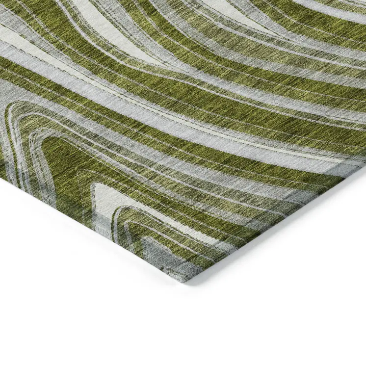 8' Olive Green Gray And Ivory Round Abstract Washable Indoor Outdoor Area Rug
