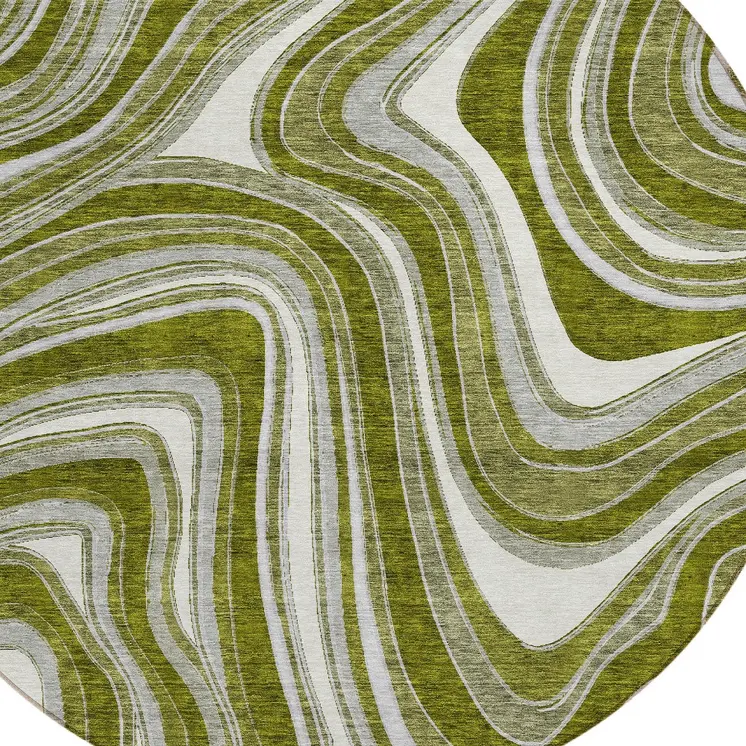 8' Olive Green Gray And Ivory Round Abstract Washable Indoor Outdoor Area Rug