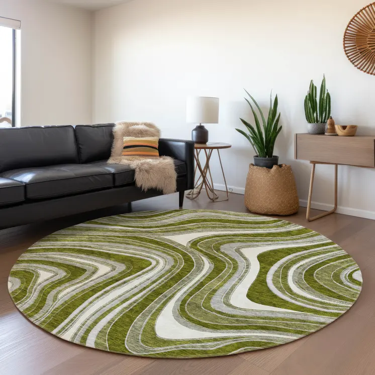 8' Olive Green Gray And Ivory Round Abstract Washable Indoor Outdoor Area Rug