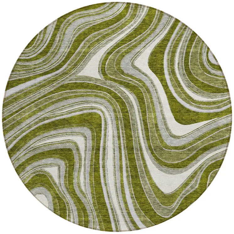 8' Olive Green Gray And Ivory Round Abstract Washable Indoor Outdoor Area Rug