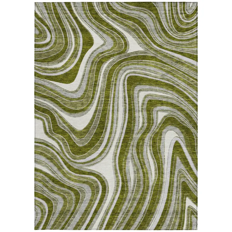 9' X 12' Olive Green Gray And Ivory Abstract Washable Indoor Outdoor Area Rug