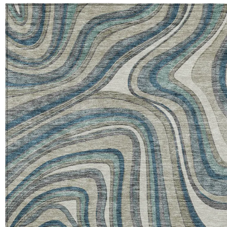 3' X 5' Teal Blue Gray And Taupe Abstract Washable Indoor Outdoor Area Rug