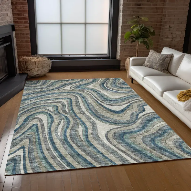 3' X 5' Teal Blue Gray And Taupe Abstract Washable Indoor Outdoor Area Rug