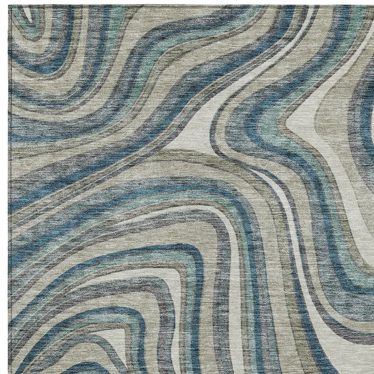 5' X 8' Teal Blue Gray And Taupe Abstract Washable Indoor Outdoor Area Rug