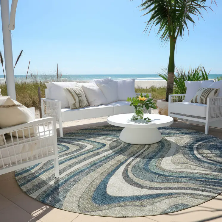 8' Teal Blue Gray And Taupe Round Abstract Washable Indoor Outdoor Area Rug