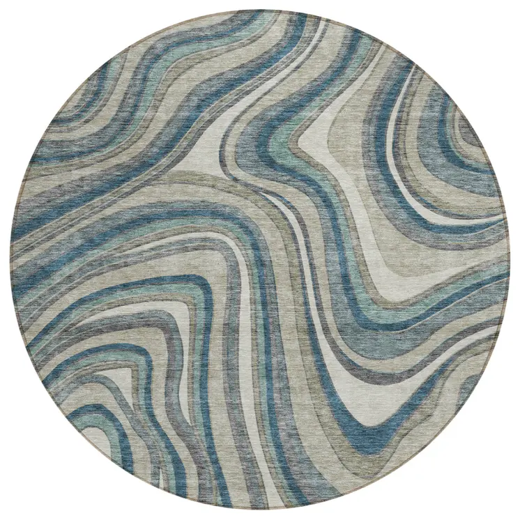 8' Teal Blue Gray And Taupe Round Abstract Washable Indoor Outdoor Area Rug