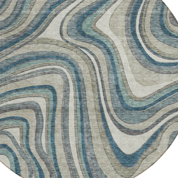 8' Teal Blue Gray And Taupe Round Abstract Washable Indoor Outdoor Area Rug