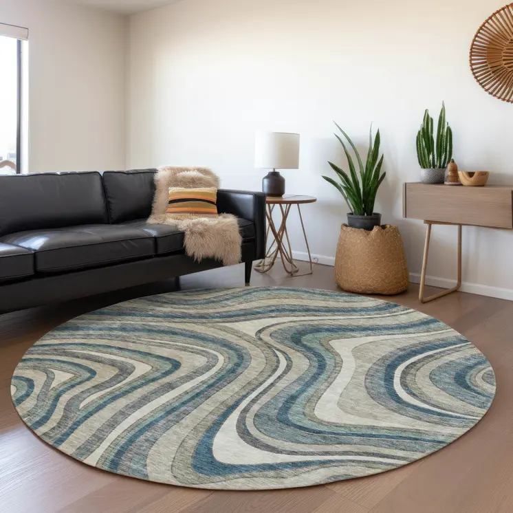 8' Teal Blue Gray And Taupe Round Abstract Washable Indoor Outdoor Area Rug