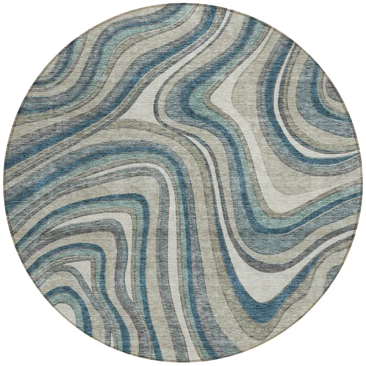 8' Teal Blue Gray And Taupe Round Abstract Washable Indoor Outdoor Area Rug
