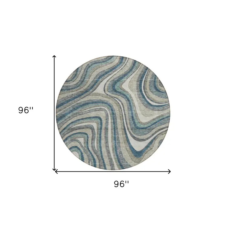 8' Teal Blue Gray And Taupe Round Abstract Washable Indoor Outdoor Area Rug