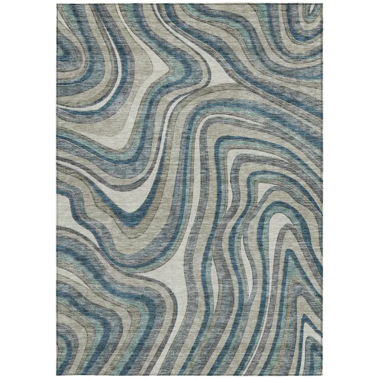 8' X 10' Teal Blue Gray And Taupe Abstract Washable Indoor Outdoor Area Rug
