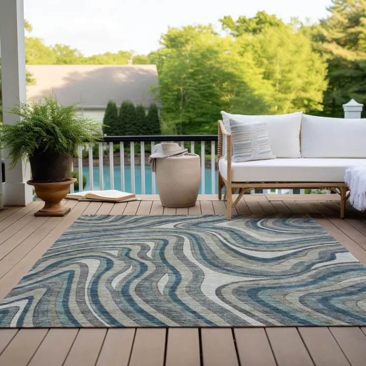 8' X 10' Teal Blue Gray And Taupe Abstract Washable Indoor Outdoor Area Rug